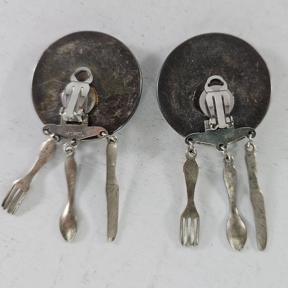 Vintage Clip On Earrings With Dangling Utensils Fork Spoo Knife Charms - Picture 8 of 8